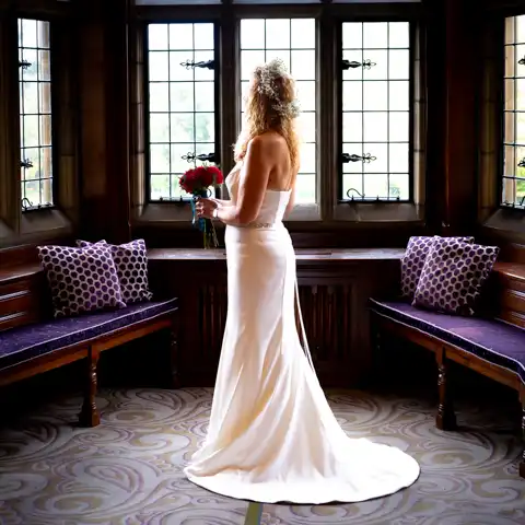 Wedding photo of the bride in dramatic lighting, showing the back of her dress at Fanhams Hall, Ware, Hertfordshire.  – photography by Glen Smith